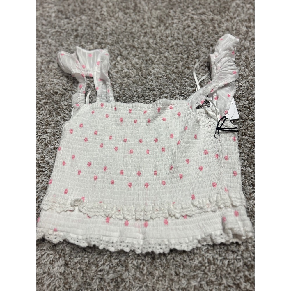 Japna Singh White Smocked Floral Crop Top Pink Ruffle Straps  Cotton L